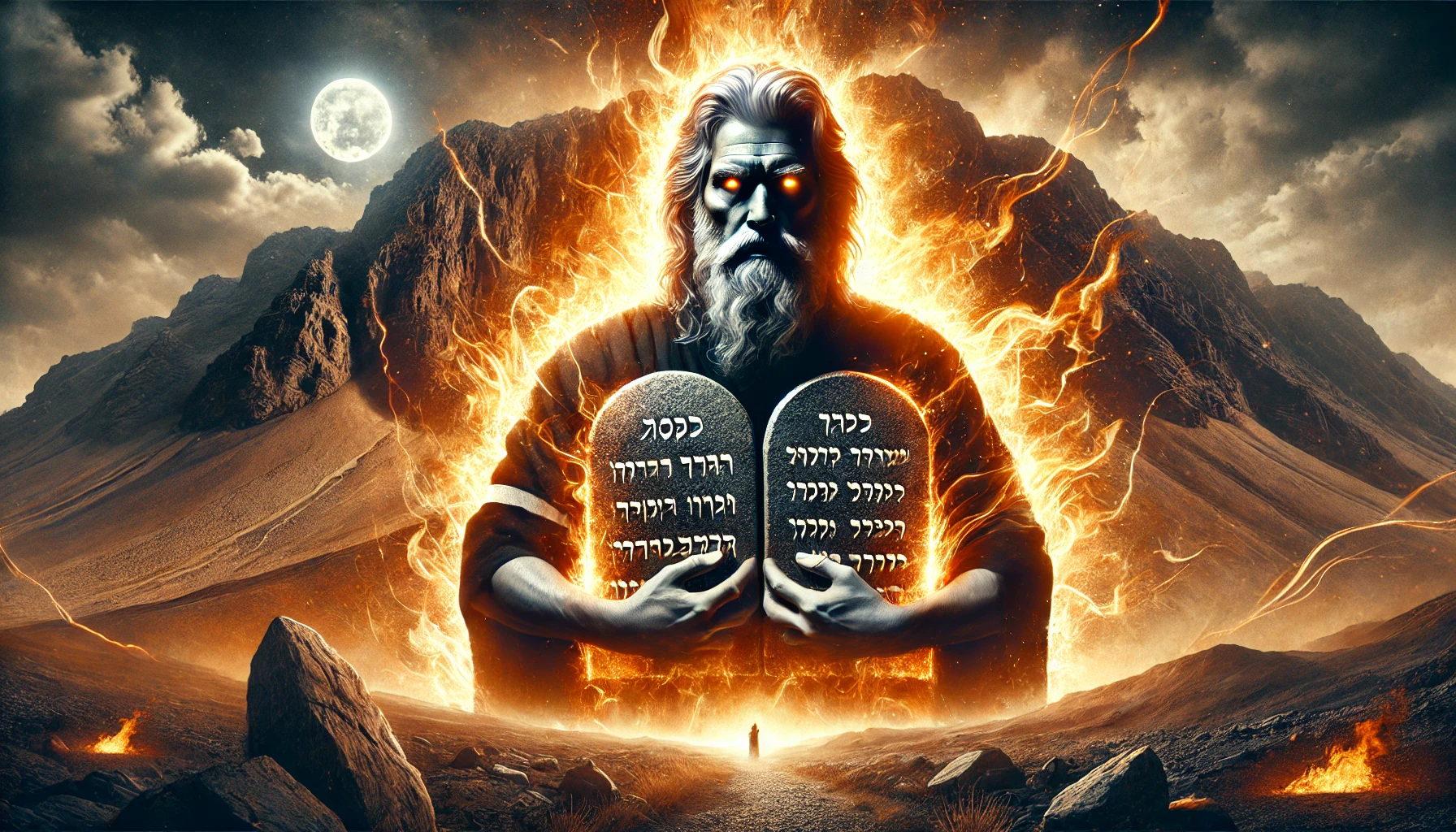 Moses holding the tablets of the Ten Commandments with a backdrop of Mount Sinai.