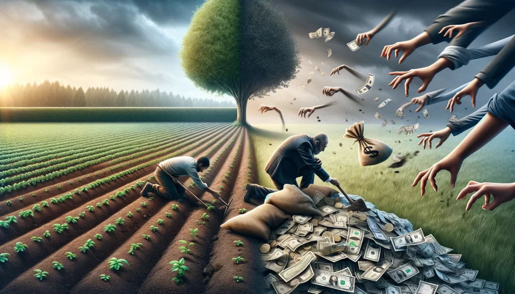 On one side, show a person patiently planting seeds, on the other disembodied hands reaching for money.