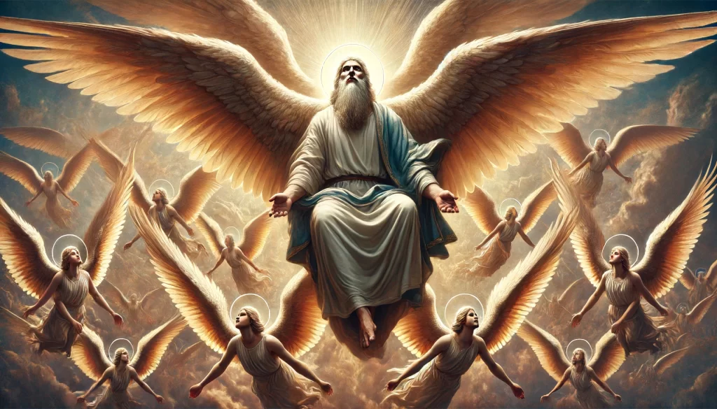 Seraphim in attendance above God, each with six wings.