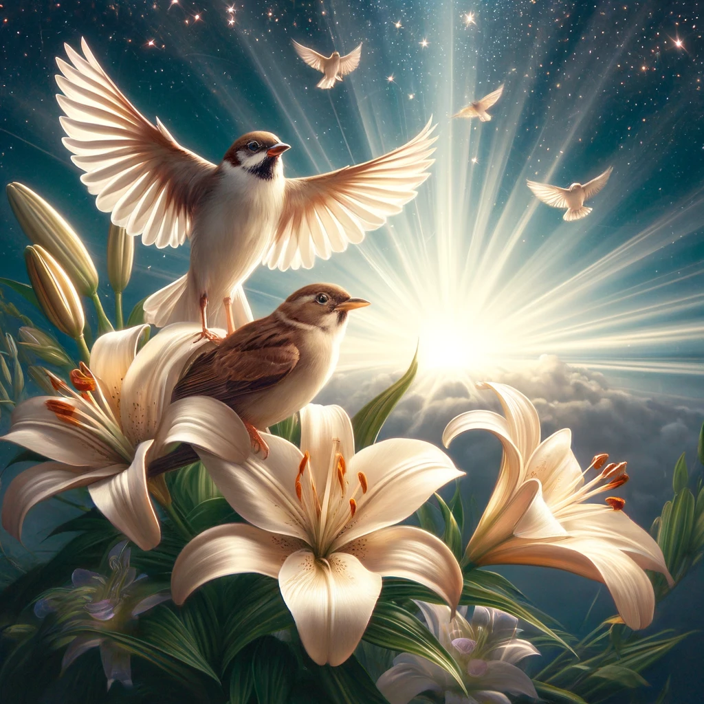 Sparrows and lilies with a background of the night sky filled with stars.