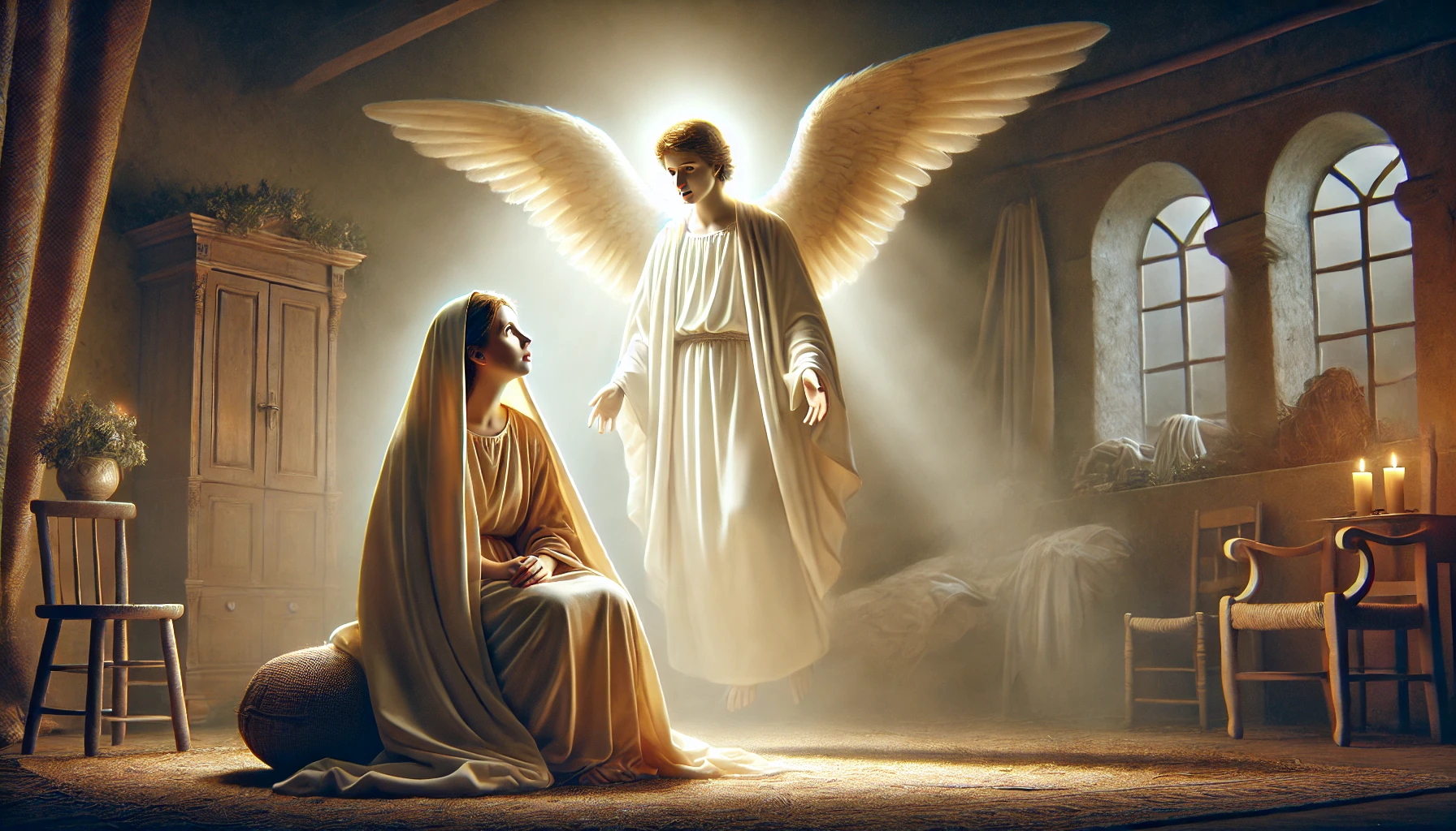 The Annunciation. The scene shows the angel Gabriel appearing to Mary in her home in Nazareth.