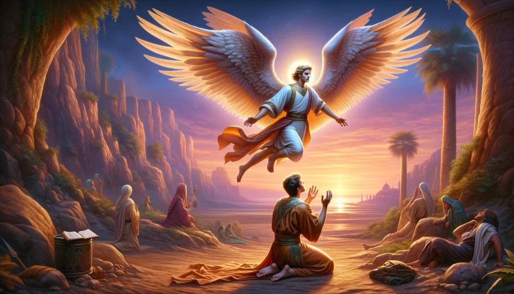 The angel Gabriel in swift flight approaching Daniel, who is praying at the time of the evening sacrifice.