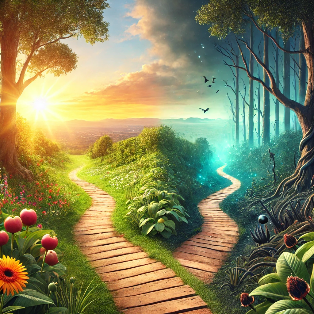 Two paths diverging in a forest. One path leads to a bright, peaceful horizon.