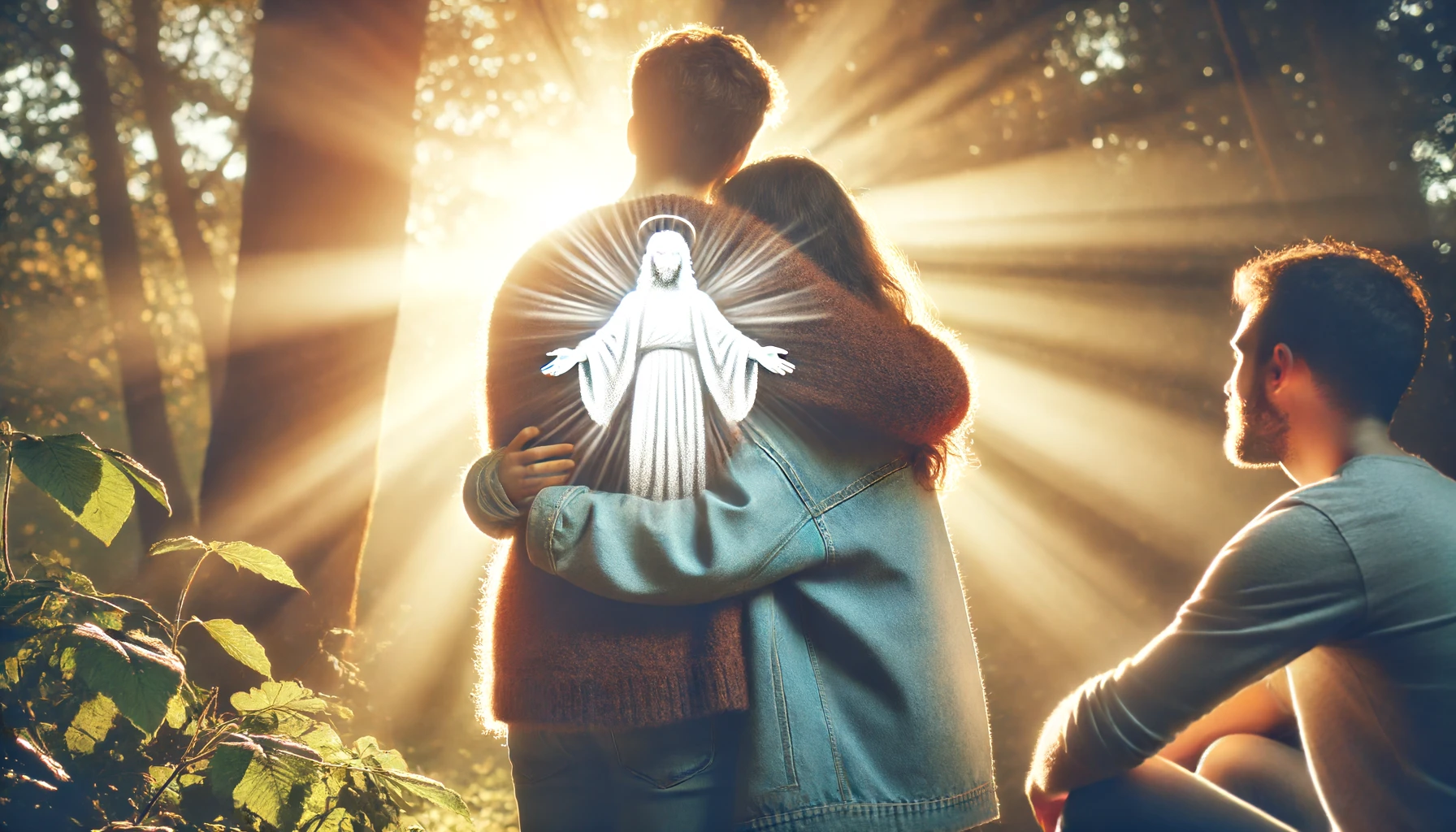 Two people embracing in a warm, loving hug in a peaceful outdoor setting, with soft sunlight filtering through the trees.