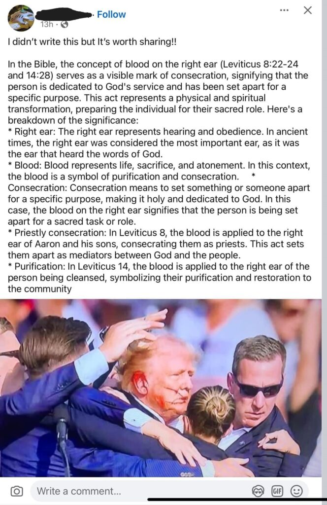 Social media post about the Trump Assassination attempt with terrible theology along with a picture of Trump with a bloody ear.