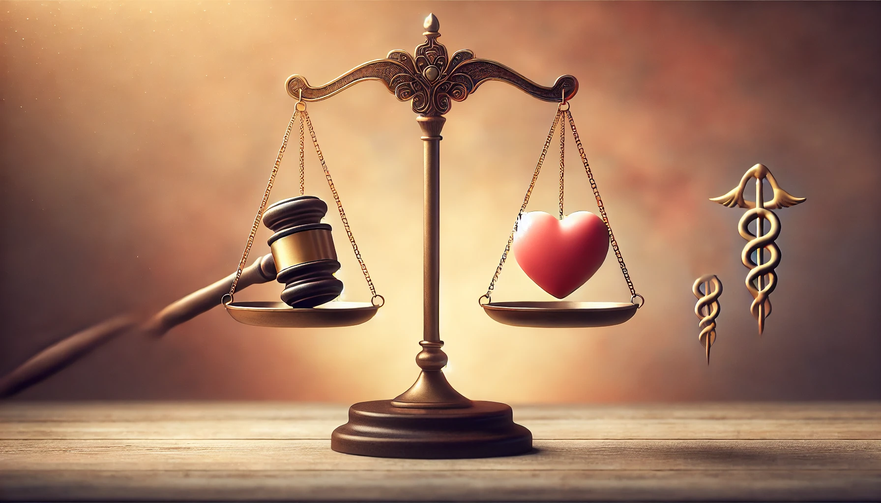 A balanced scale with symbols of justice (a gavel) and mercy (a heart) on either side.