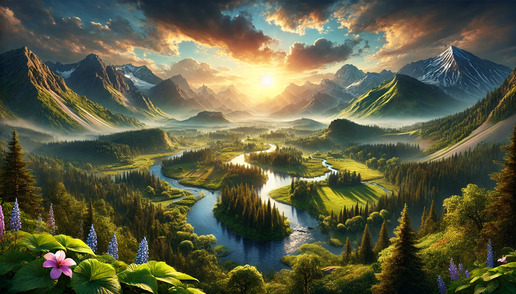 A beautiful and diverse landscape showing mountains, rivers, forests, and meadows at sunrise.