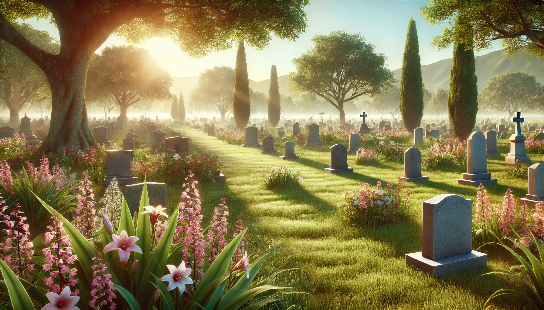 A peaceful cemetery with several headstones.