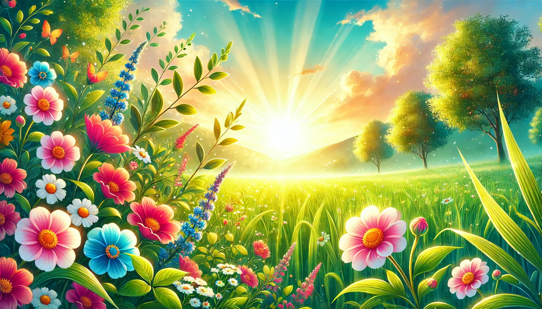 A beautiful sunrise over a lush green field with vibrant flowers.