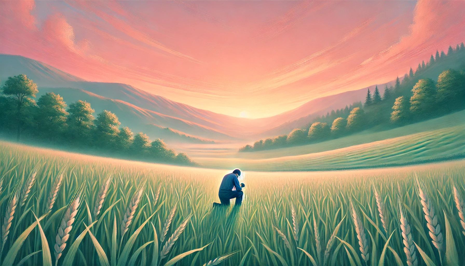 A calm and inviting countryside scene at sunrise, with a person kneeling in prayer at the edge of a field.