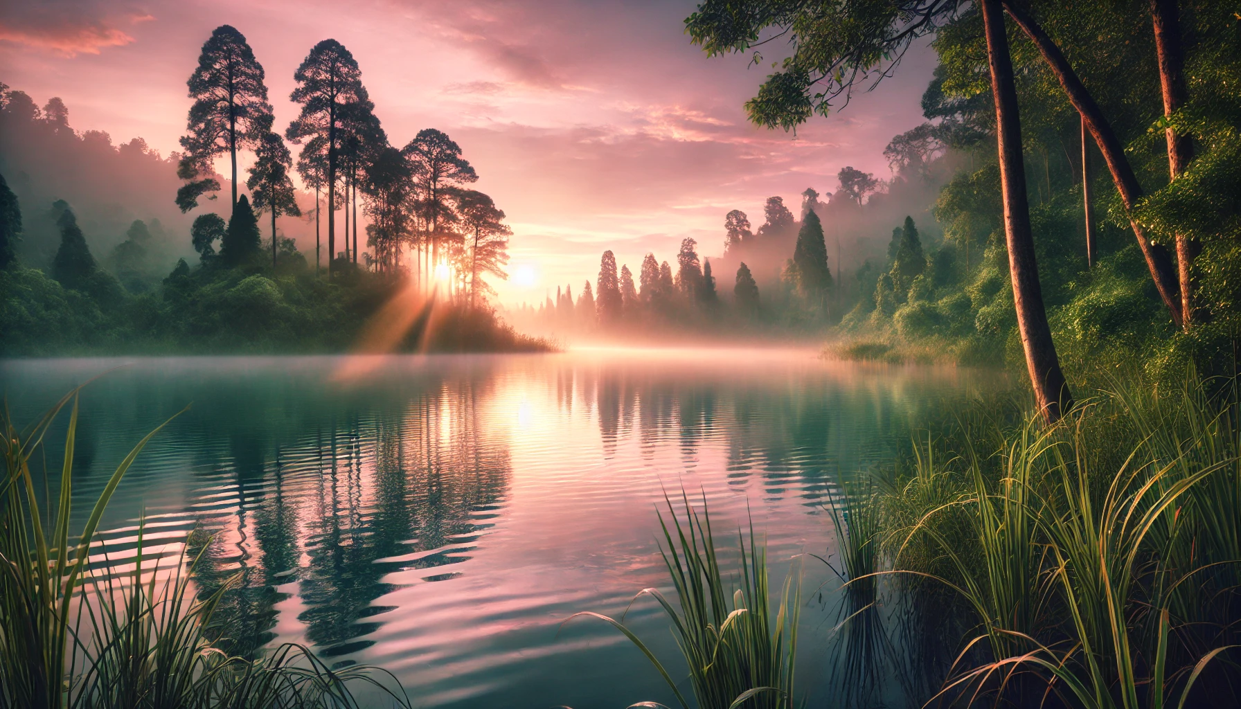 A calm and peaceful lake scene at sunrise, reflecting the soft light of dawn.