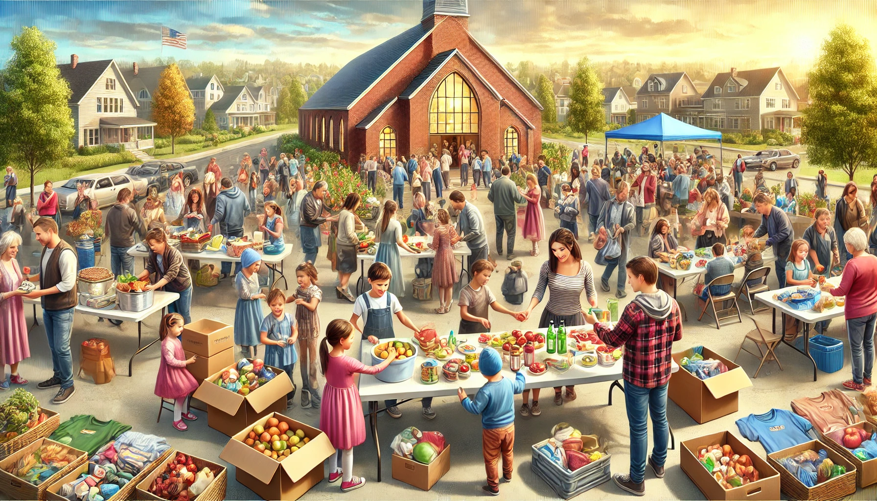 A church community event where people are sharing food, clothes, and toys.