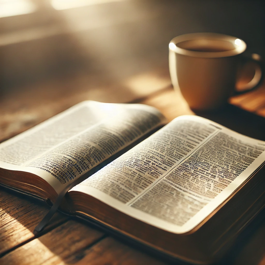 A close-up of an open Bible on a wooden table, with soft sunlight streaming through a nearby window.