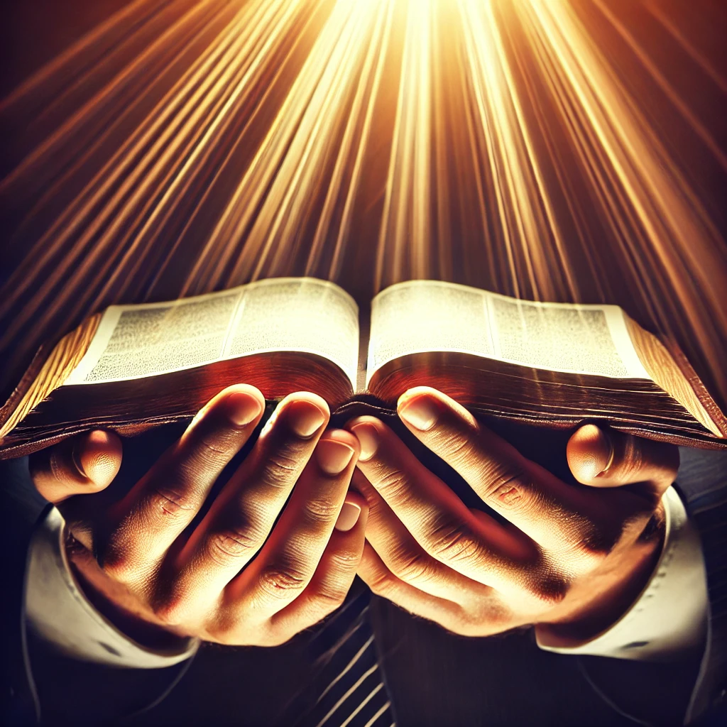 A close-up of hands holding an open Bible, with rays of sunlight streaming down.