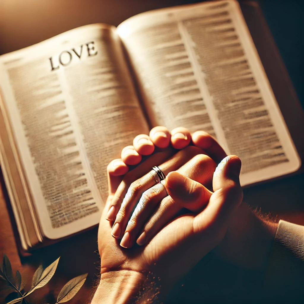 A close-up of two hands intertwined with a backdrop of an open Bible.