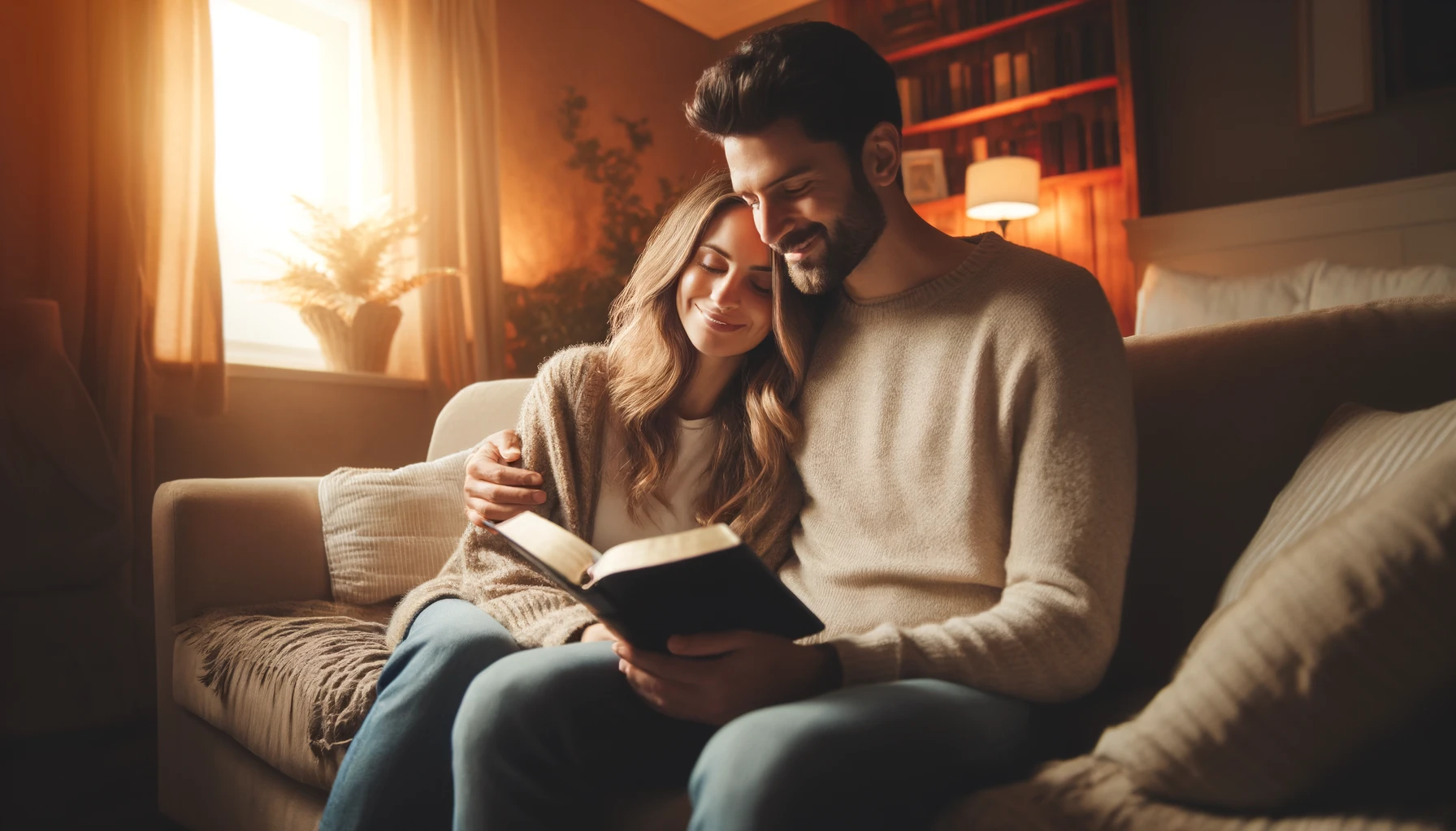 A couple sitting on a cozy couch, sharing an intimate moment while reading a Bible together.