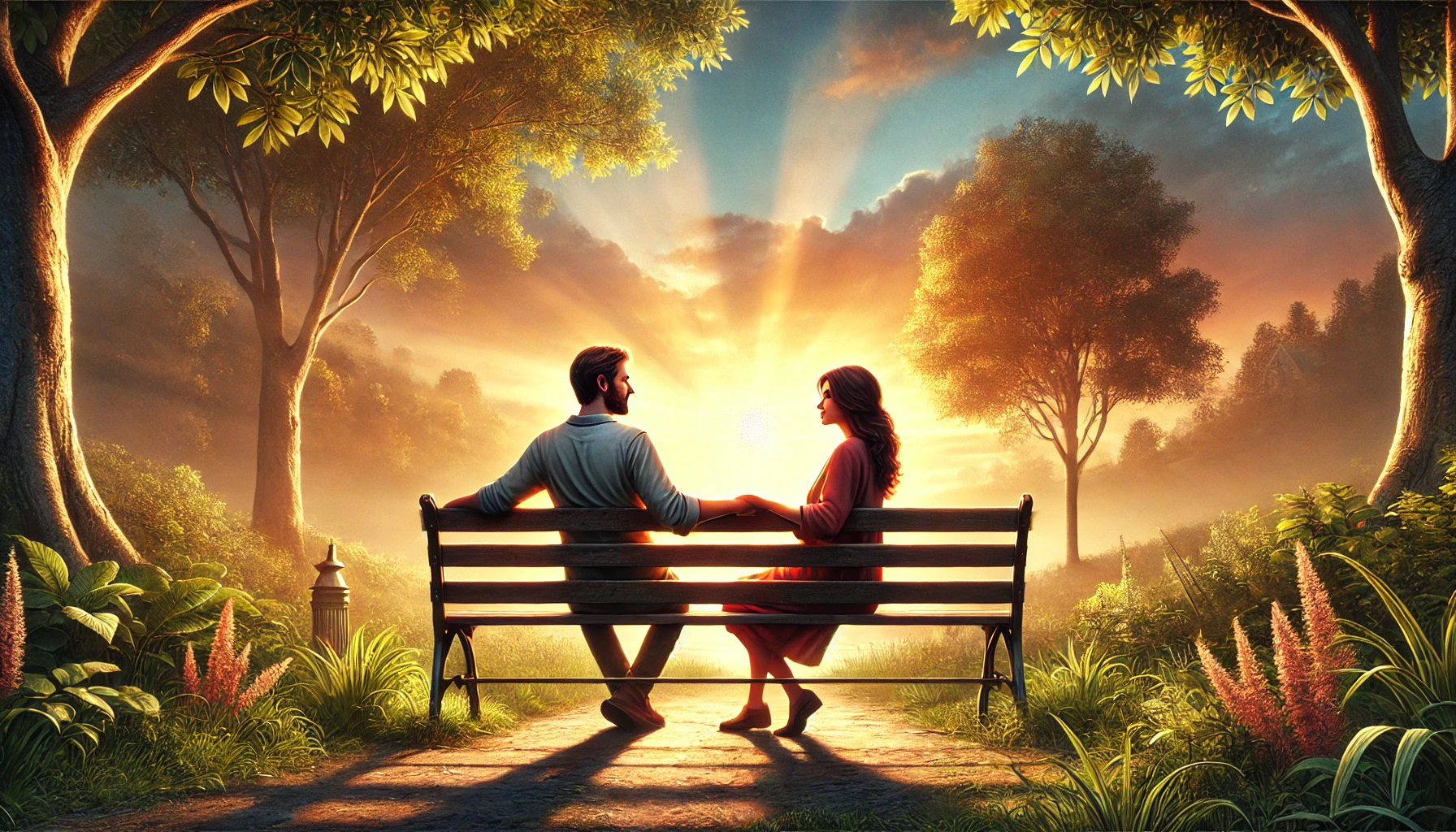 A couple sitting on a park bench, holding hands and talking with smiles on their faces.