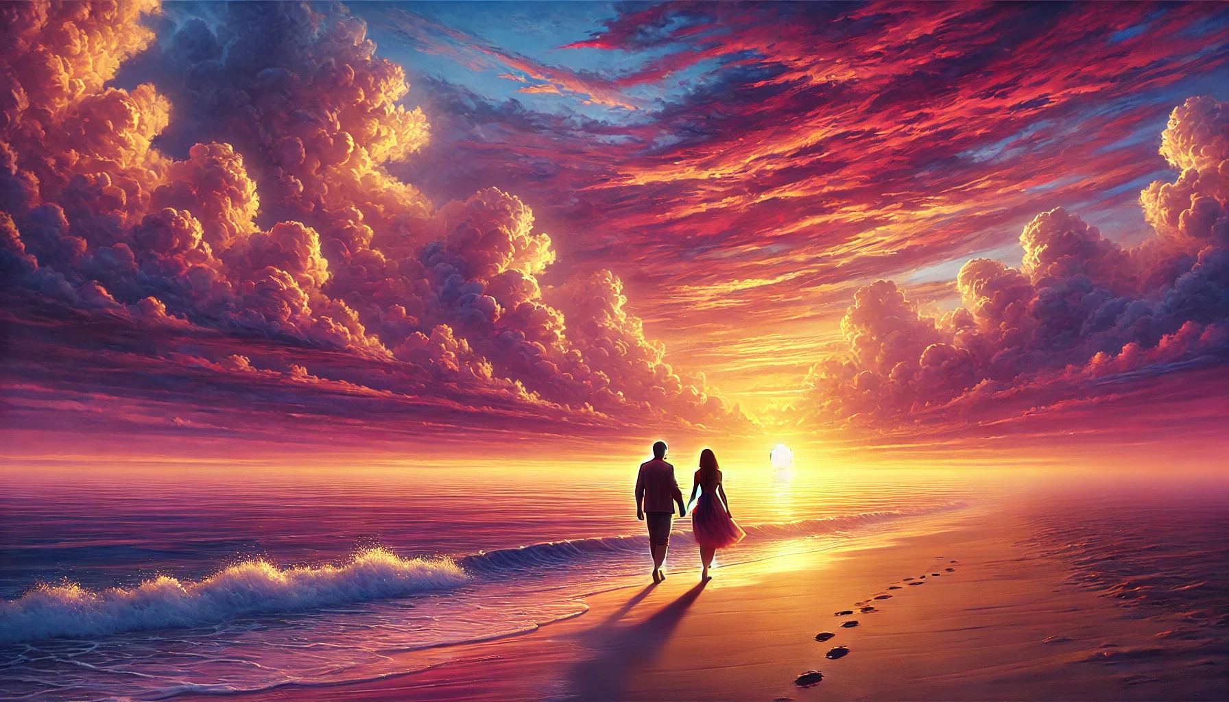 A couple walking hand in hand along a beach during sunset.