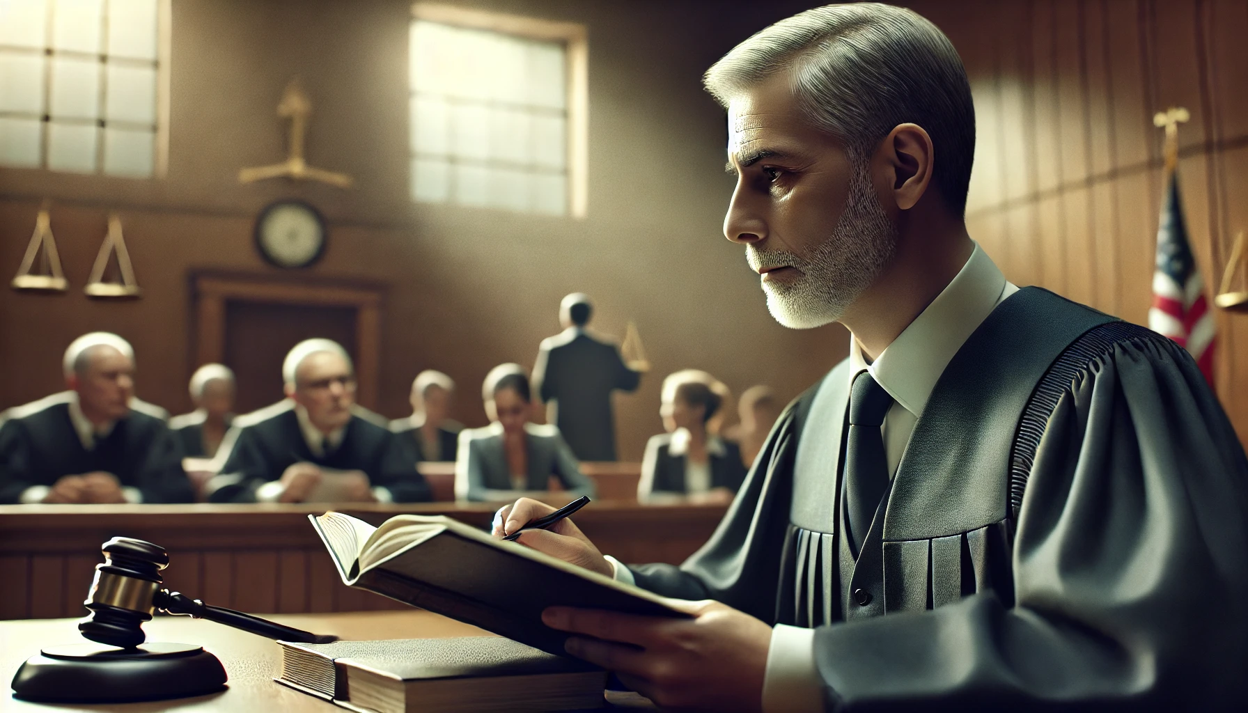 A courtroom scene where a judge is carefully reviewing a case file while looking thoughtful.