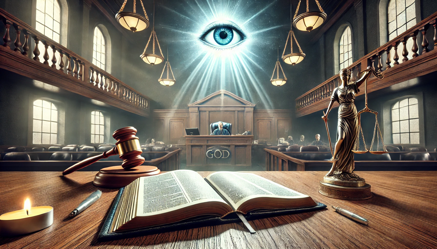 A courtroom scene with a Bible open on a table, and a glowing light above it.