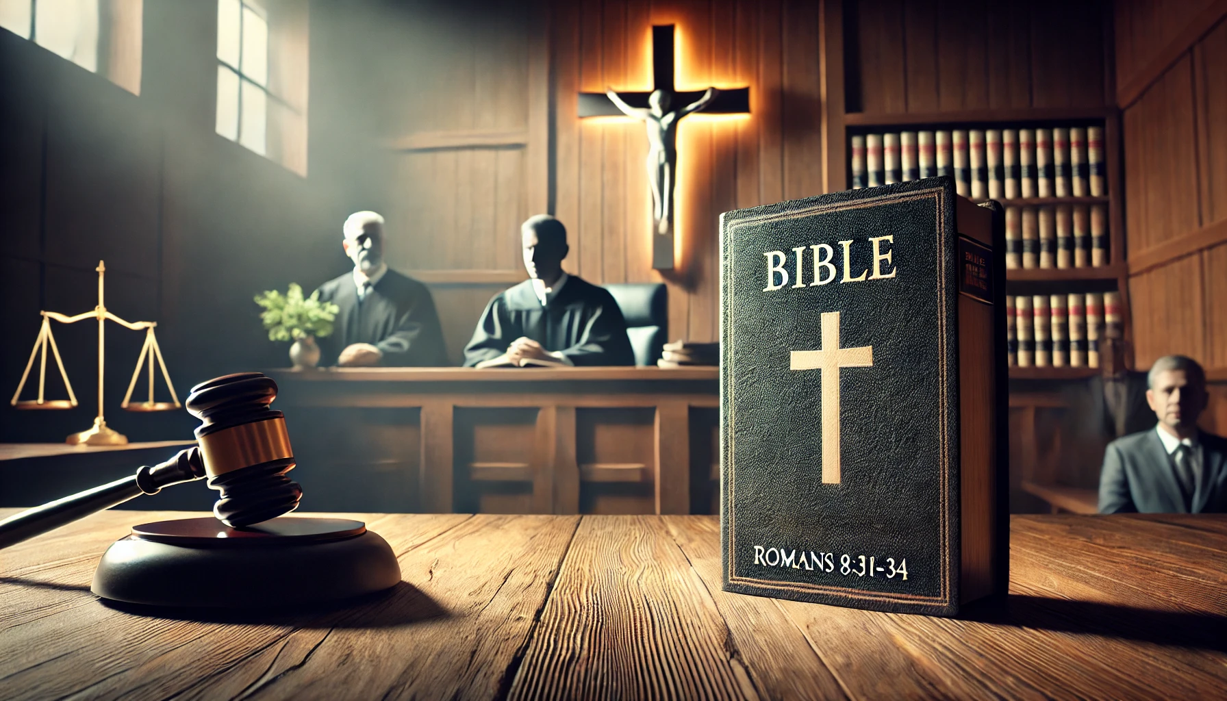 A courtroom scene with a Bible prominently displayed on a table.