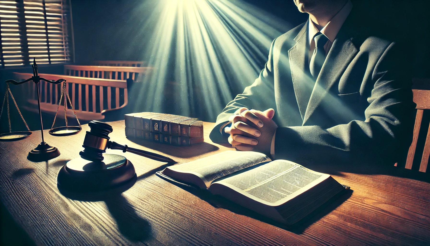 A courtroom scene with a person praying at a table with an open Bible, light streaming down on them.