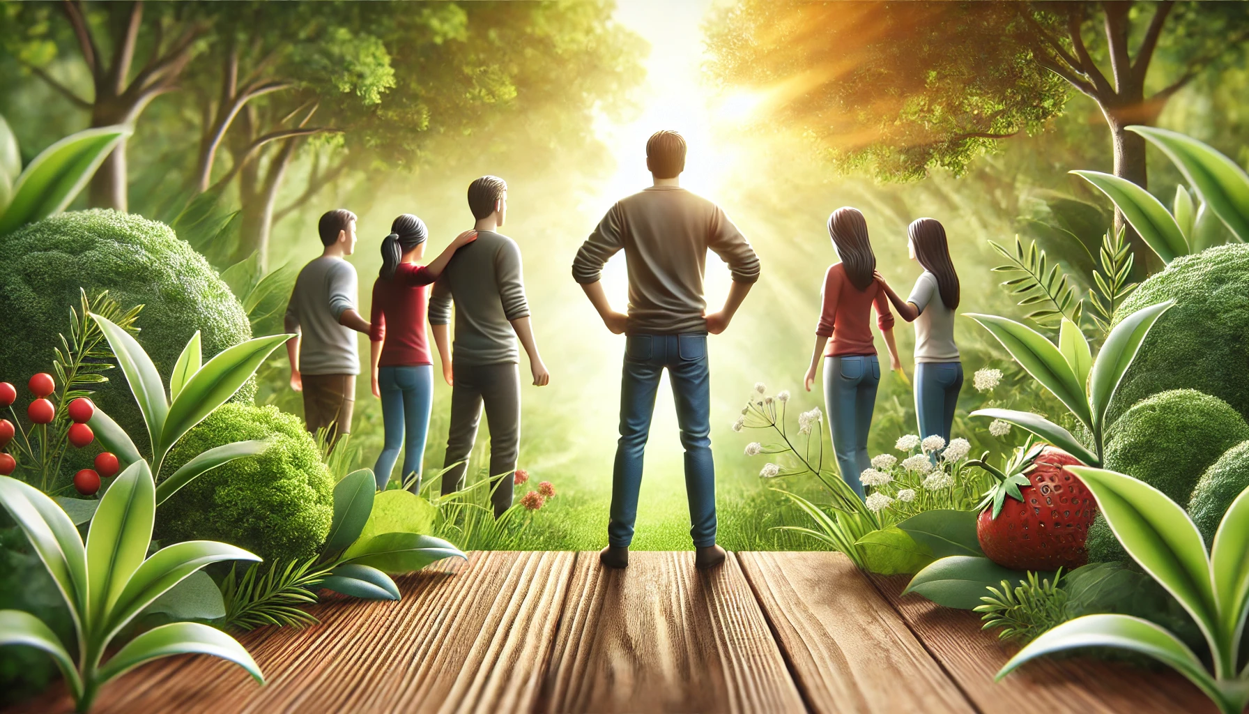 A determined person standing with a group of supportive friends in a beautiful park.