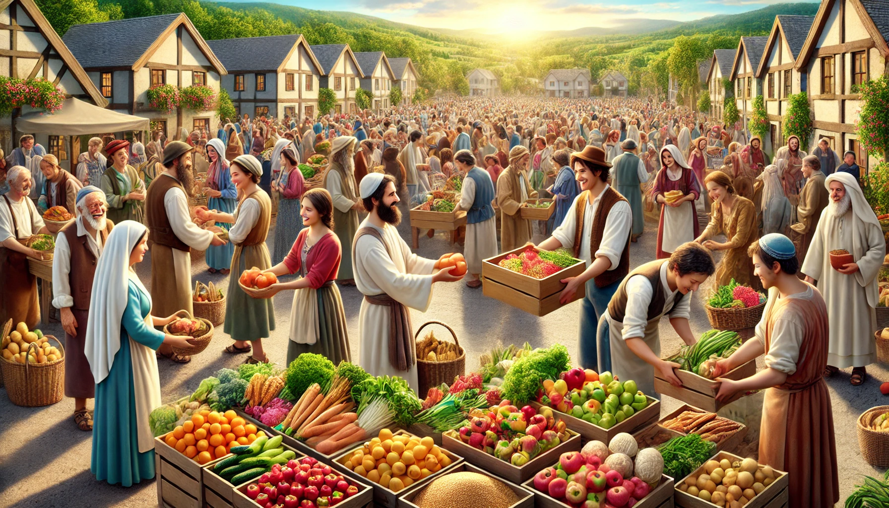 A diverse community gathered in a town square, sharing and distributing produce.