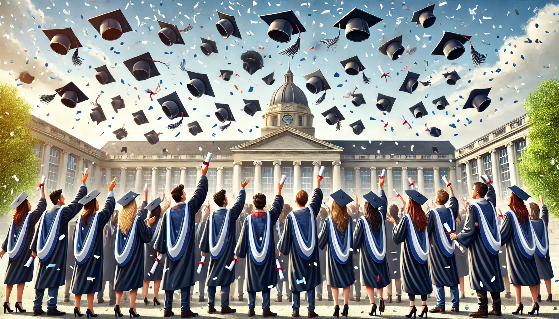 A diverse group of graduates in caps and gowns tossing their caps in the air.