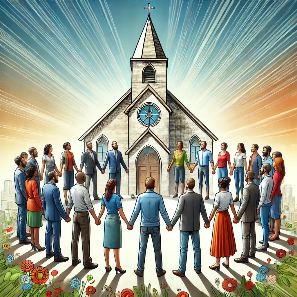 A diverse group of people standing together in a circle, holding hands, with a backdrop of a church.