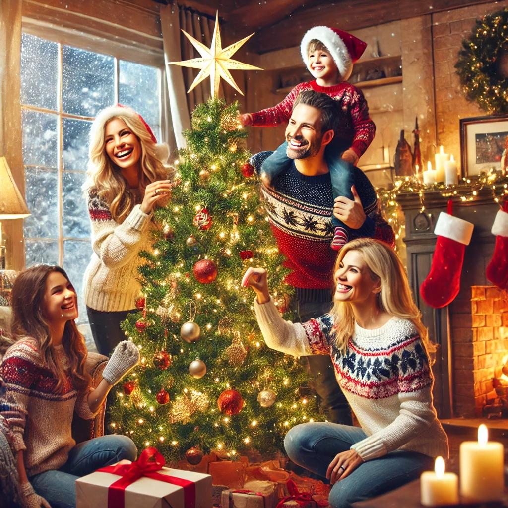 A family decorating a Christmas tree together in a cozy living room.