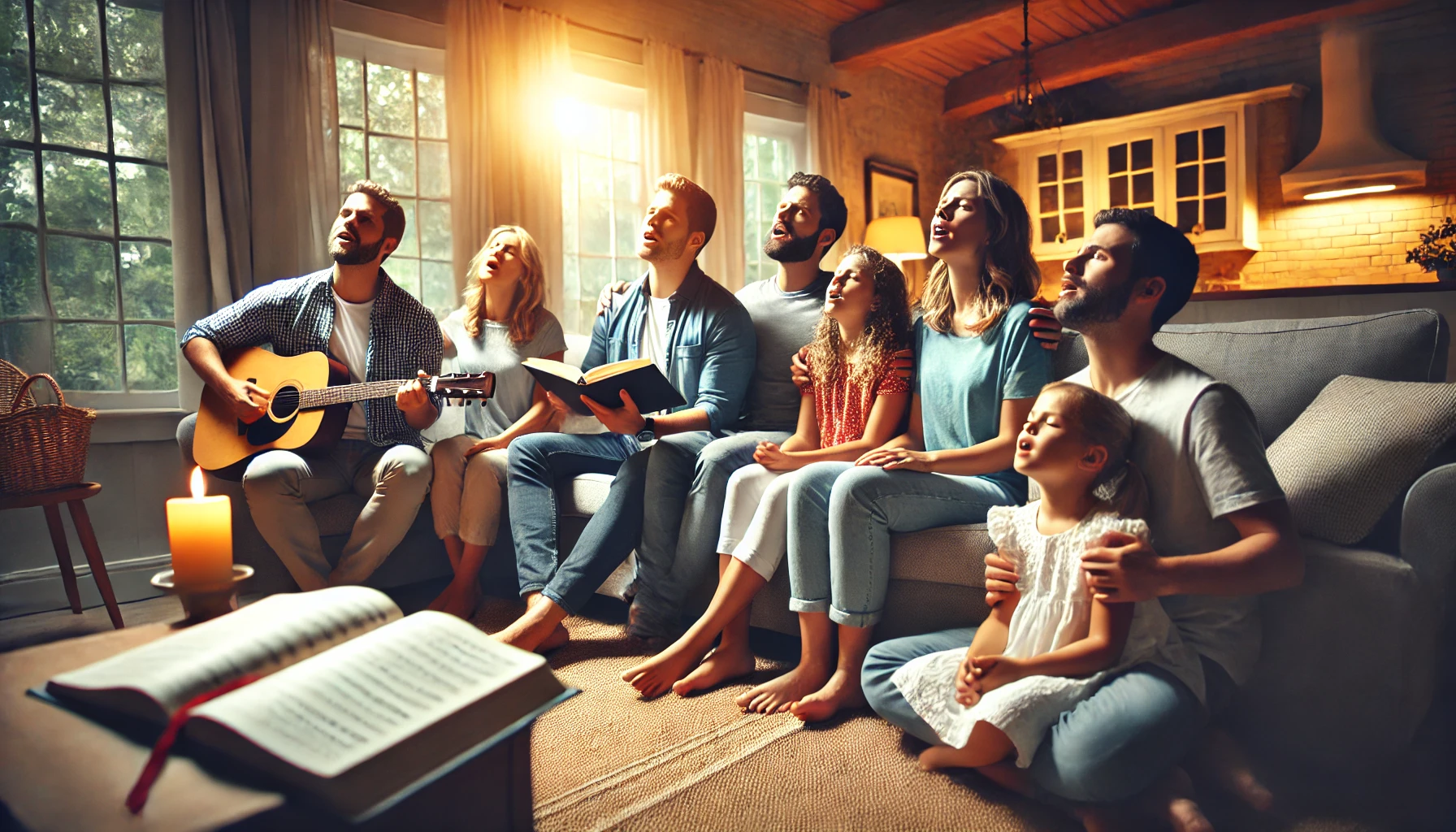 A family gathered in a living room, engaged in worship and praise together.