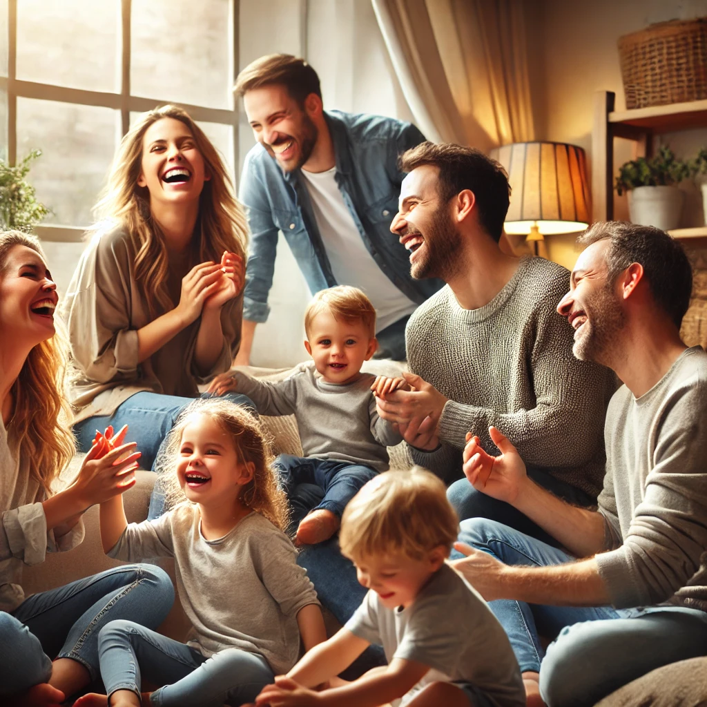 A family gathered together in a cozy living room, experiencing joy and togetherness.