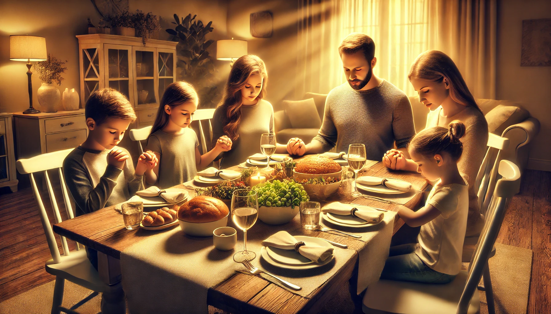 A family praying together at a dinner table.