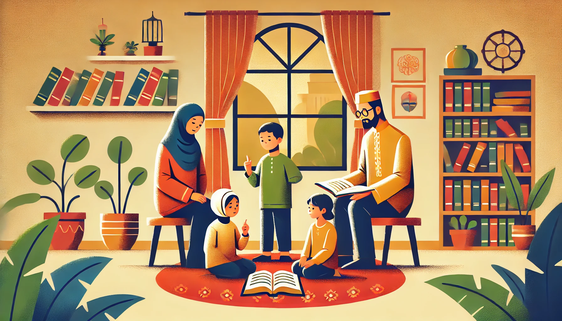 A family scene where parents are teaching and guiding their children.