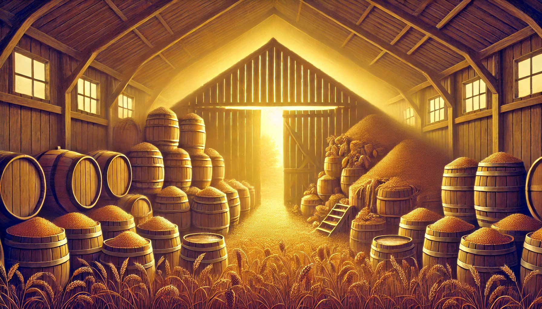 A farmer's barn filled with plenty of grain and overflowing vats of wine.