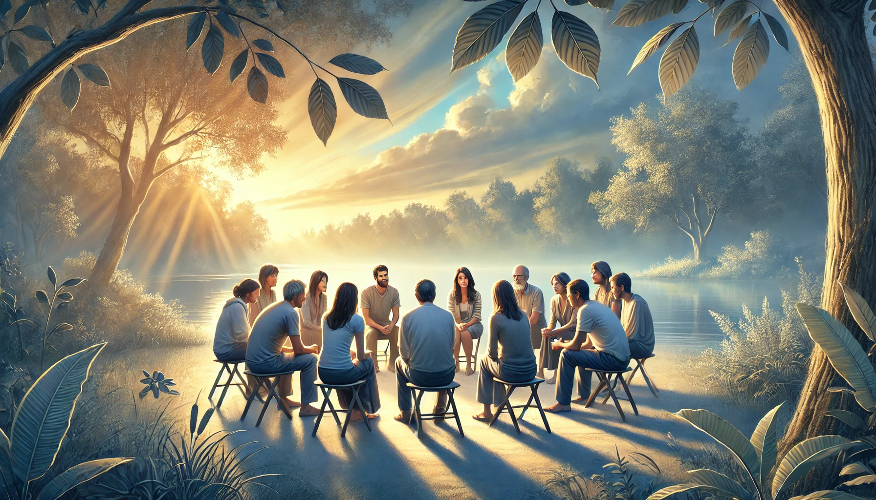 A group of people in a calm and peaceful setting, having a respectful conversation.