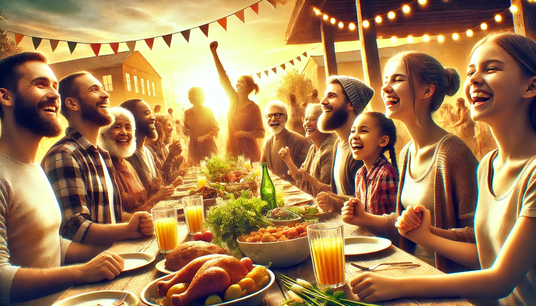 A group of people in a warm, festive setting, sharing food and drink.