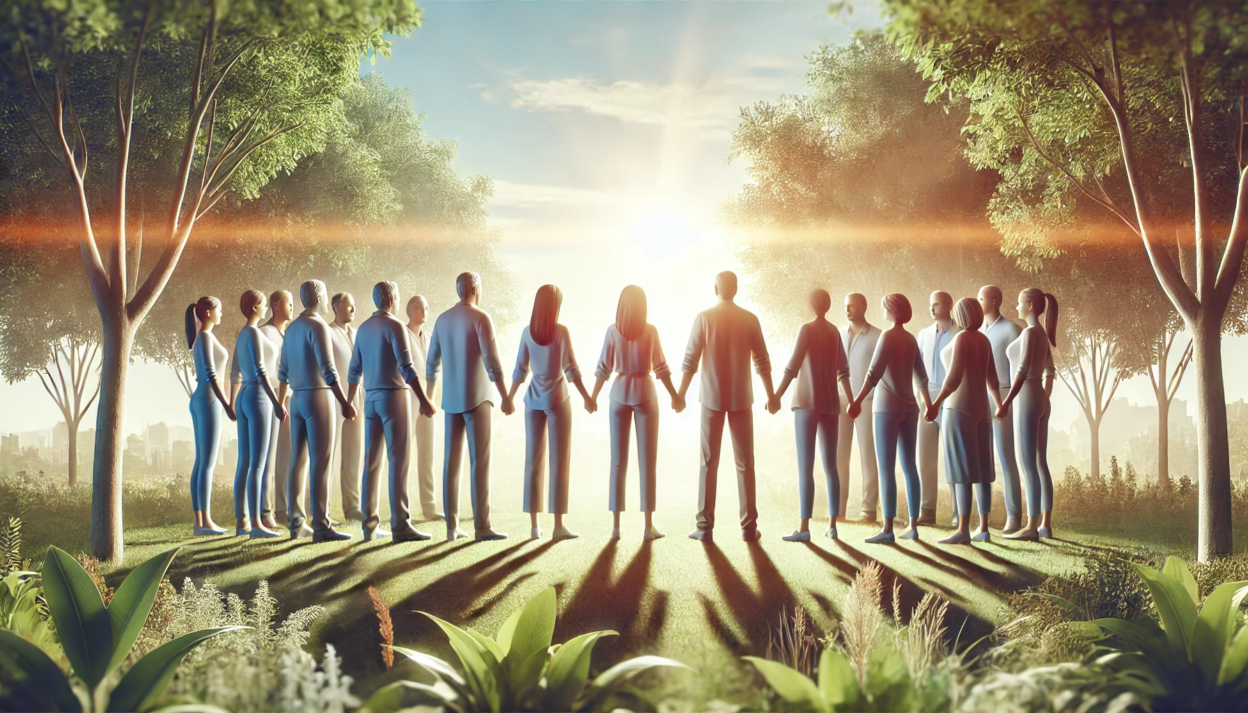 A group of people standing with their arms interlinked.