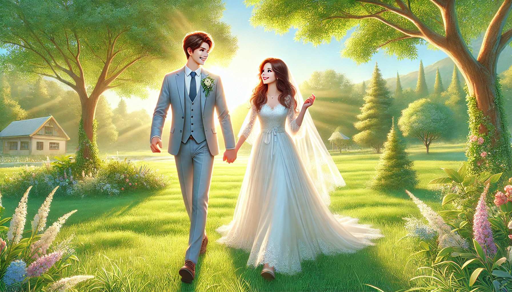 A happy married couple walking together in a scenic park.