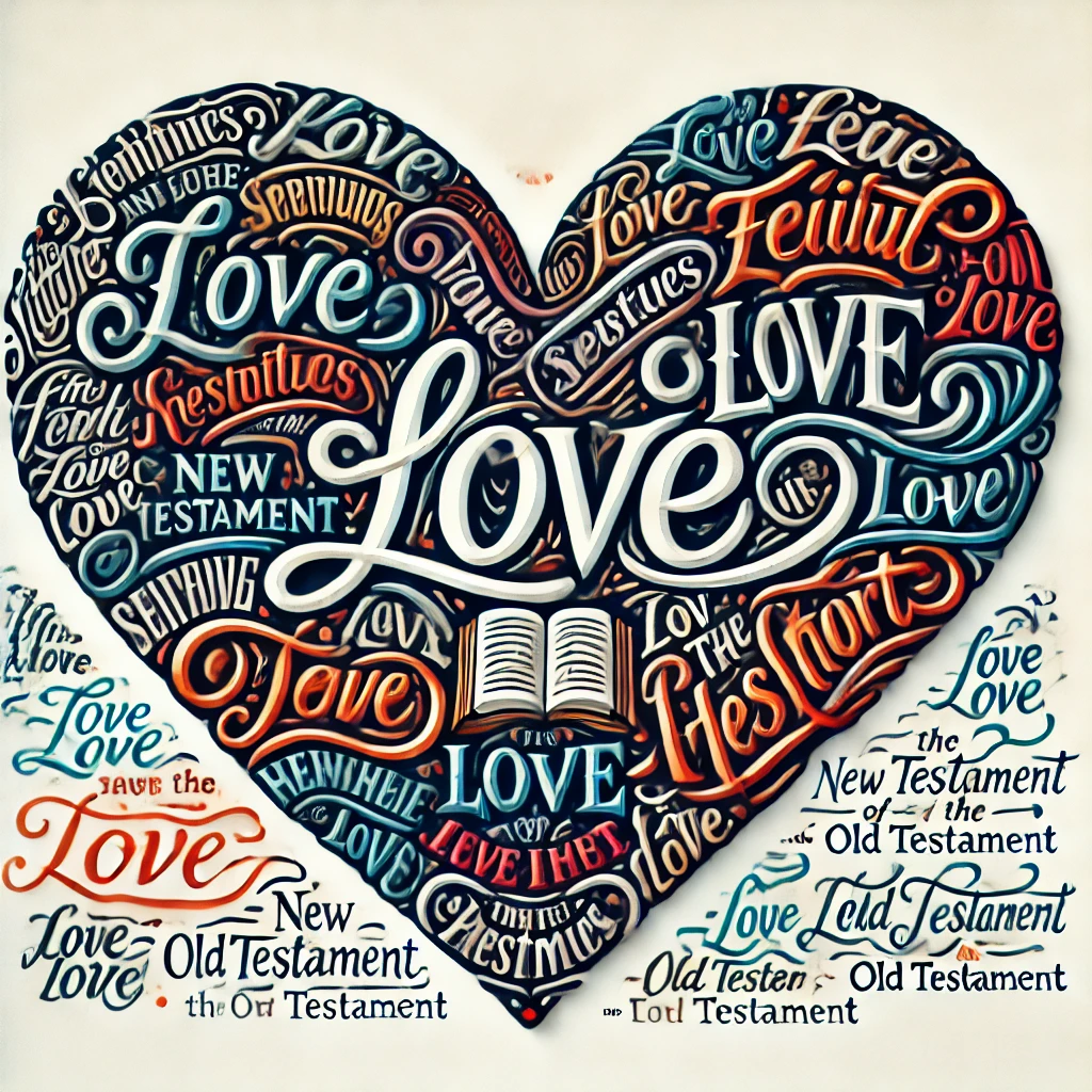 A heart-shaped arrangement of various Bible verses related to love.