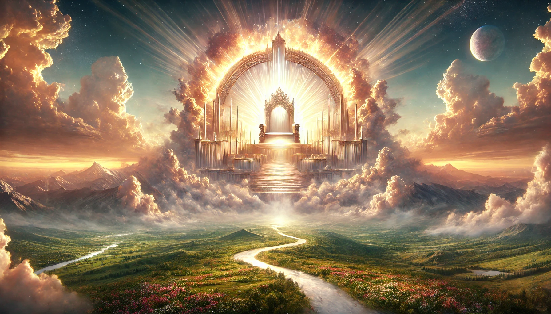 A heavenly scene with a radiant throne.