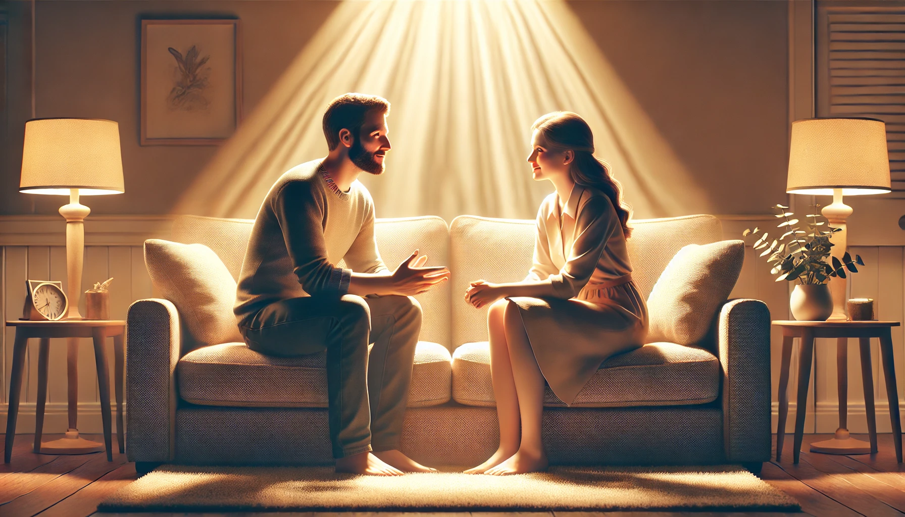 A husband and wife sitting on a couch, having a warm and respectful conversation.