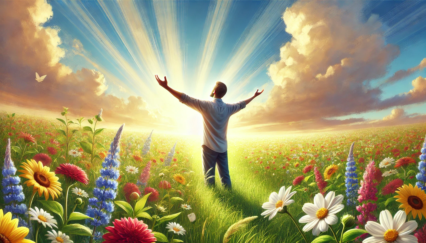 A joyful person standing with arms raised in a field of flowers under a bright, clear sky.