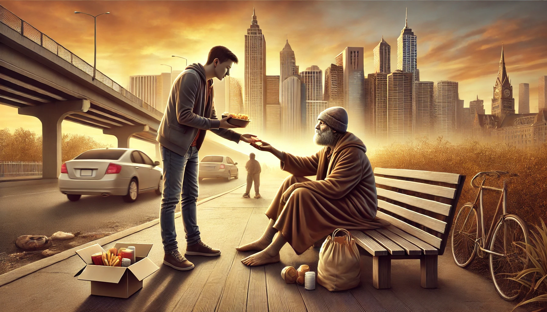 A kind person helping a poor individual on the street.