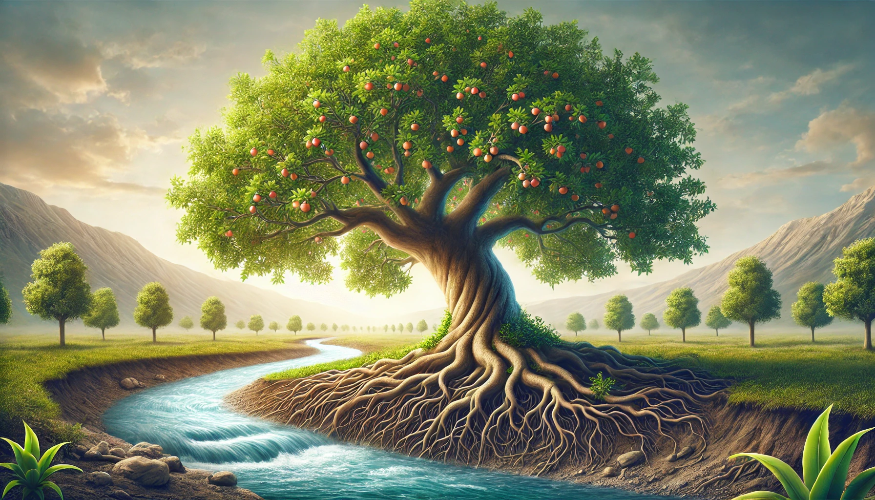 A large, healthy tree with deep roots growing by a flowing stream.