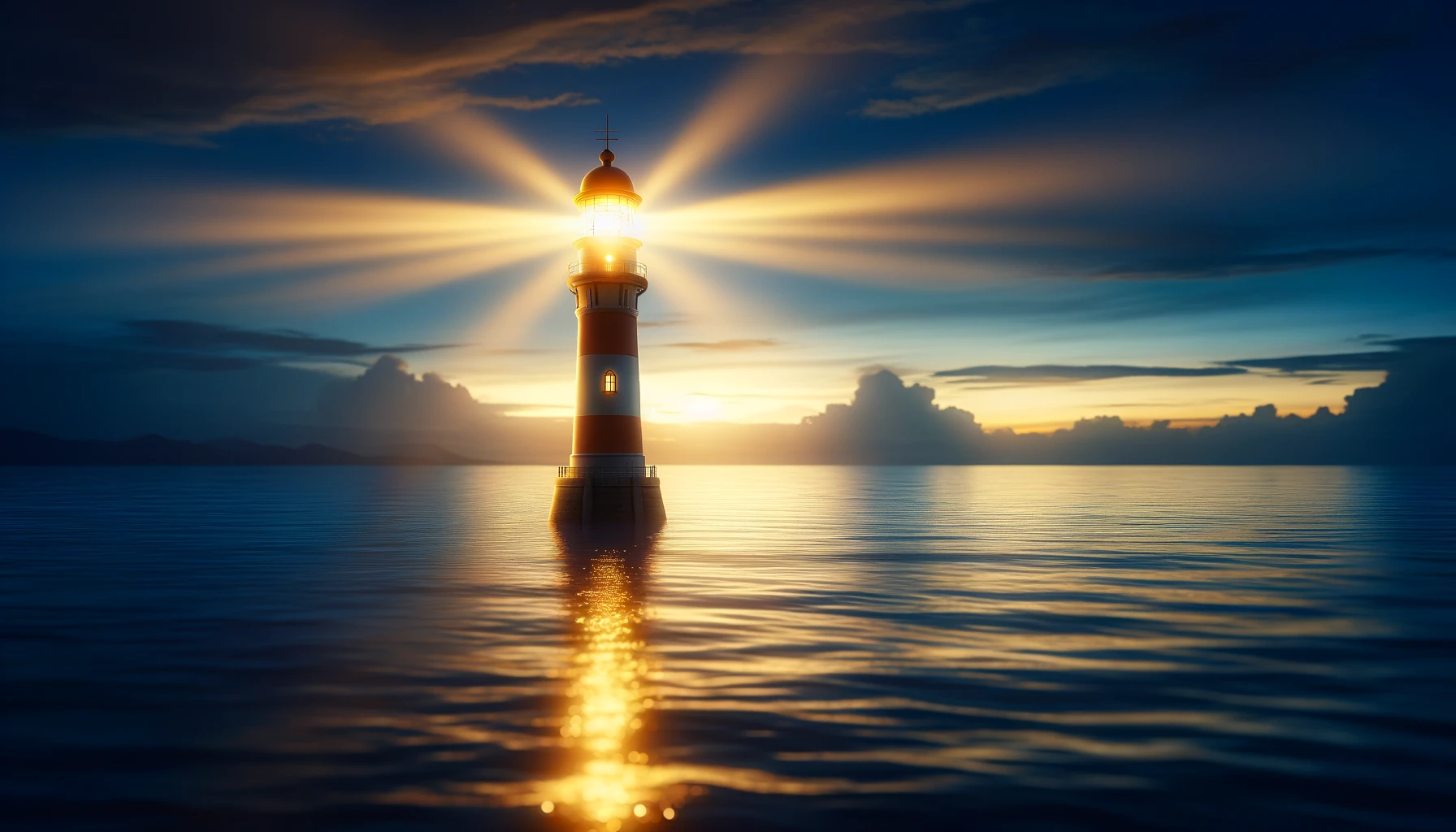 A lighthouse shining brightly against a twilight sky over a calm sea.