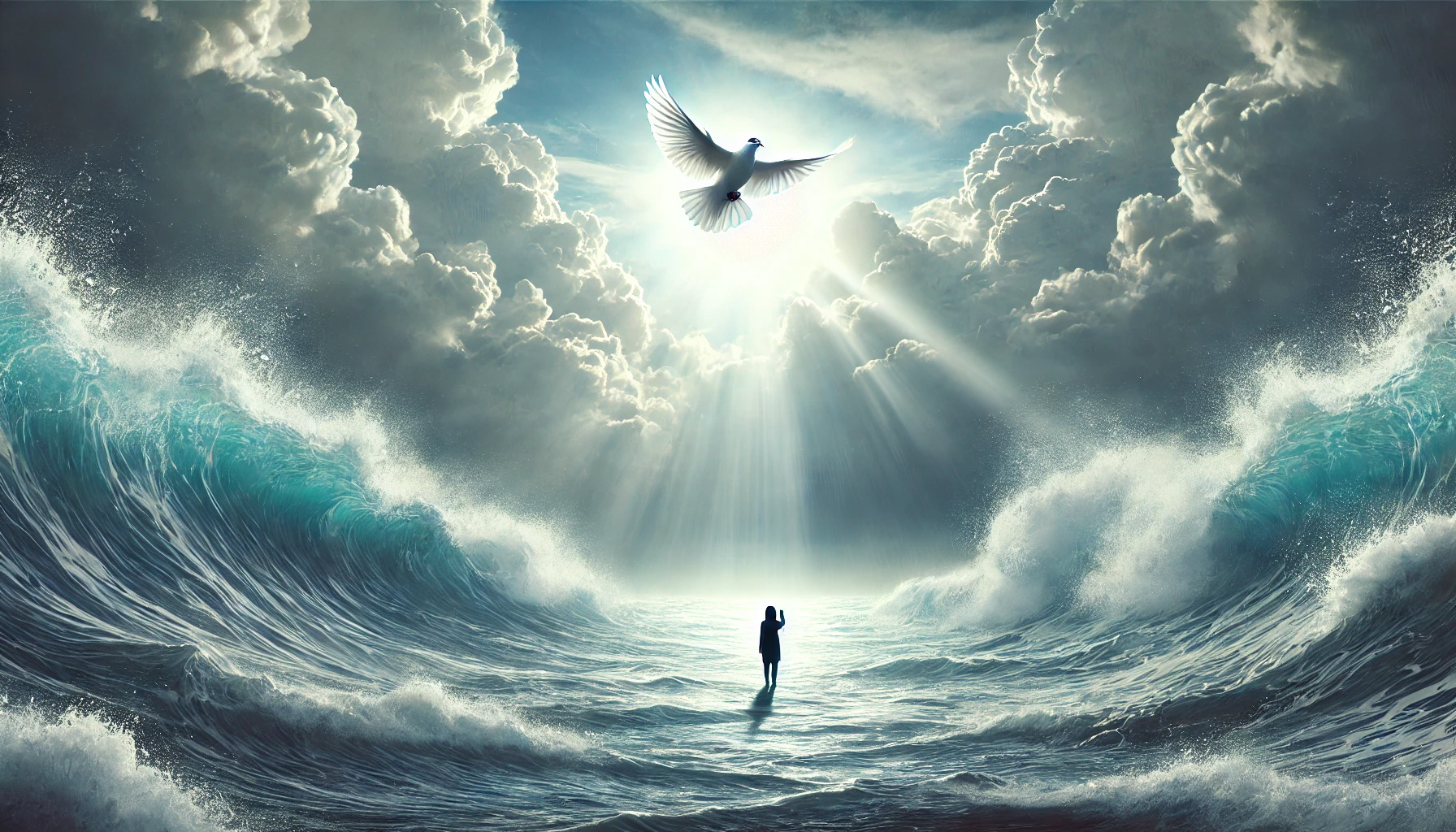 A lone figure standing at the edge of a tumultuous sea, looking up to a bright, clear sky where a dove.