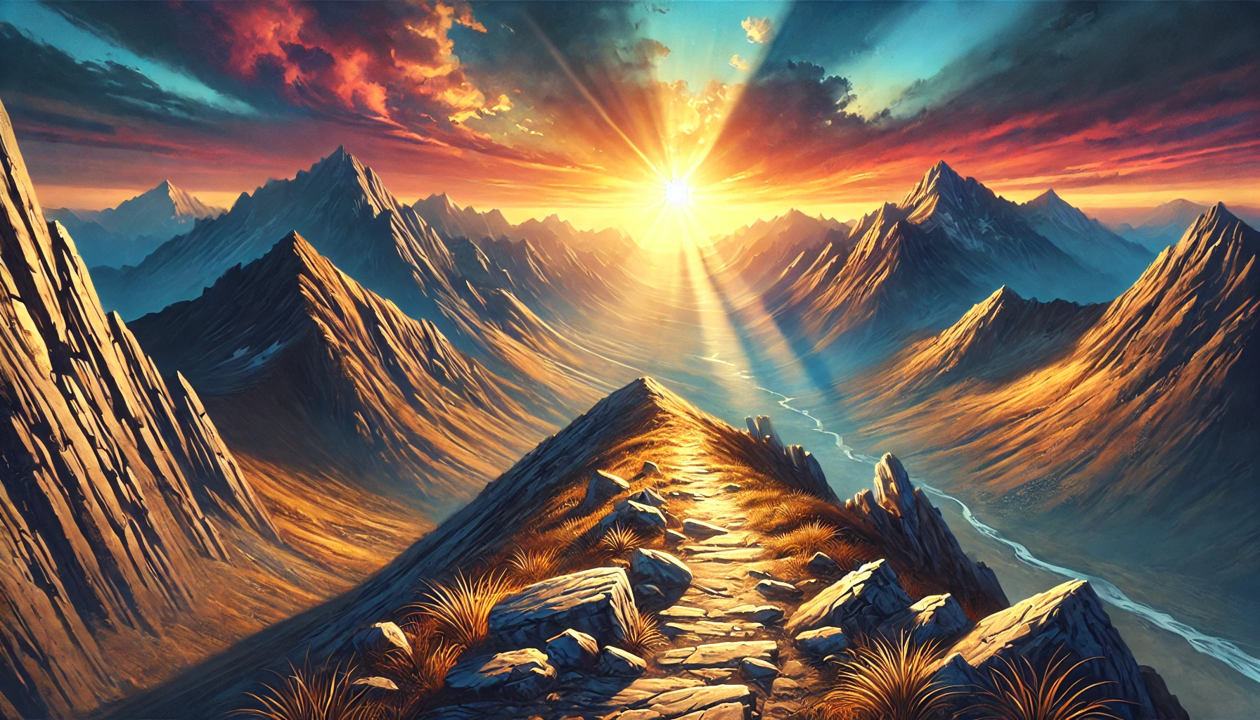 A majestic mountain scene with a bright sunrise, symbolizing strength and courage.