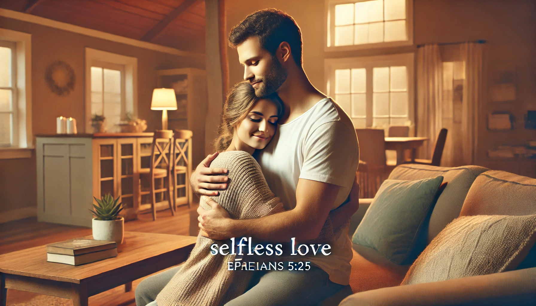 A man lovingly embracing a woman in a cozy living room, reflecting selflessness and devotion.